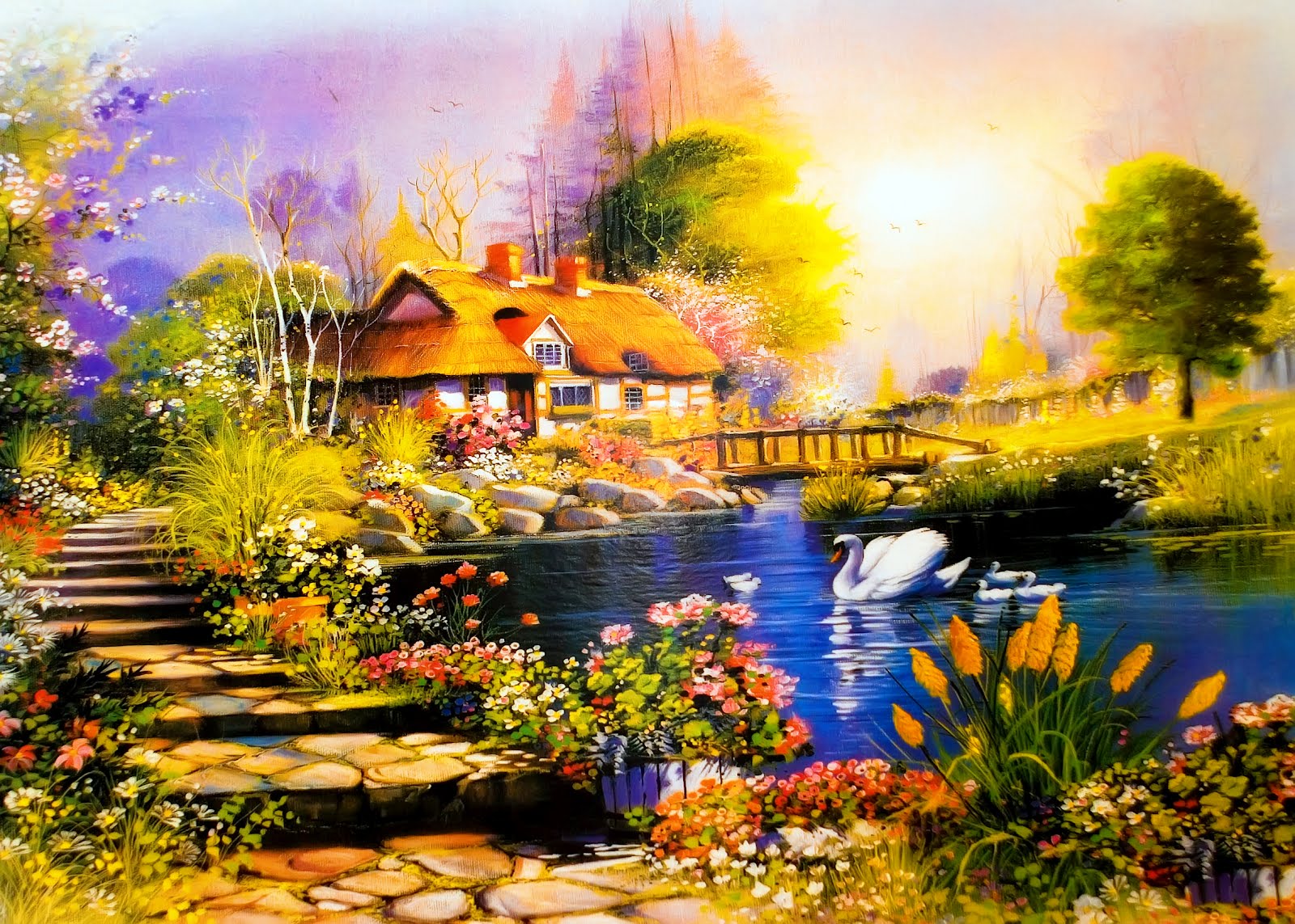 pintura.paisaje-dibujo-casita-junto-al-lago-cisnes-patos-flores.jpg